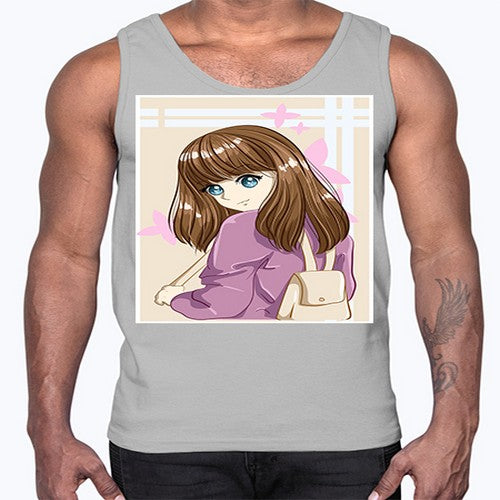 Happy and pretty college student carrying a bag 102#- anime- Cotton Tank