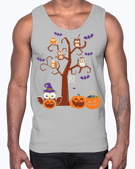 Owl With Pumpkin Halloween Tree A TurtleRabbit 16#- owl- Cotton Tank