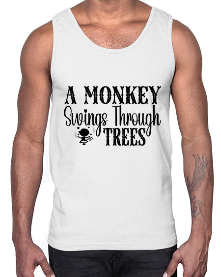 A monkey swings through trees - monkey- Cotton Tank