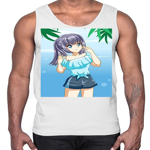 Cute and happy girl with blue shirt in summer 125#- anime- Cotton Tank