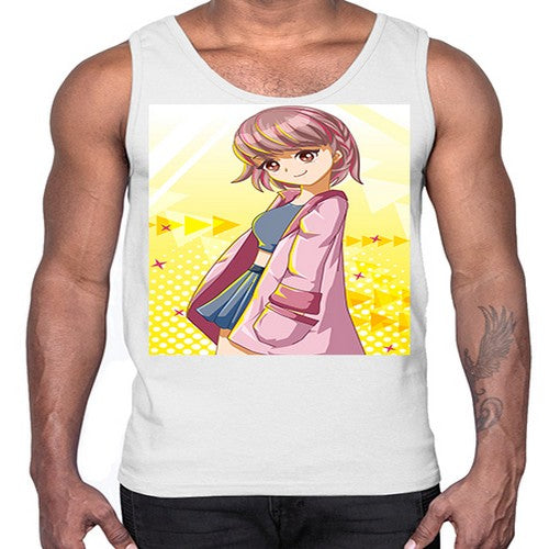 Cute and happy girl with pink coat 111#- anime- Cotton Tank