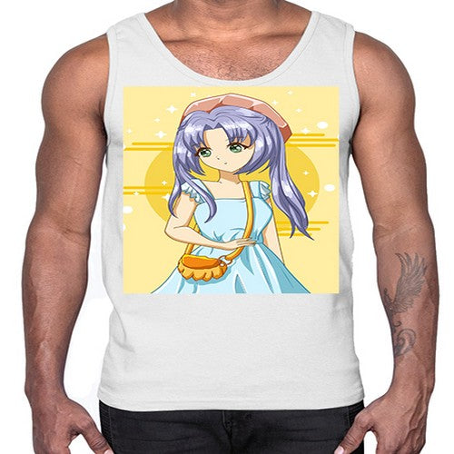 Cute and soft girl blue hair with blue dress in summer holiday 60#- anime- Cotton Tank