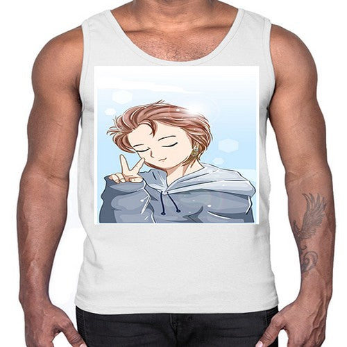 Cute boy brown hair with blue jacket 126#- anime- Cotton Tank