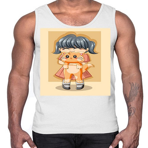 Cute girl with cat animal day 135#- anime- Cotton Tank