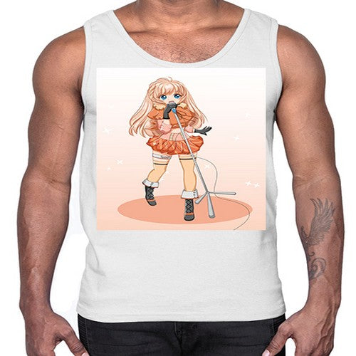 Happy and beautiful singer woman with microphone 160#- anime- Cotton Tank