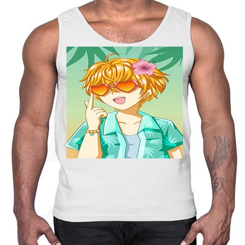 Happy and cute boy with glasses in beach in the summer 180#- anime- Cotton Tank