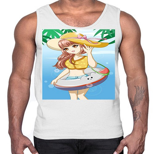 Happy and funny girl in beach with cute buoy in the summer 11#- anime- Cotton Tank