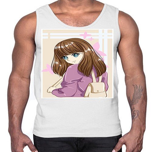 Happy and pretty college student carrying a bag 102#- anime- Cotton Tank