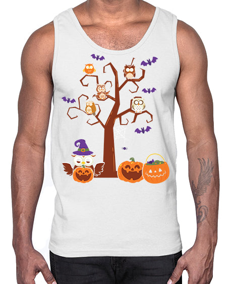 Owl With Pumpkin Halloween Tree A TurtleRabbit 16#- owl- Cotton Tank
