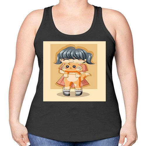 Cute girl with cat animal day 135# - anime -Racerback Tank