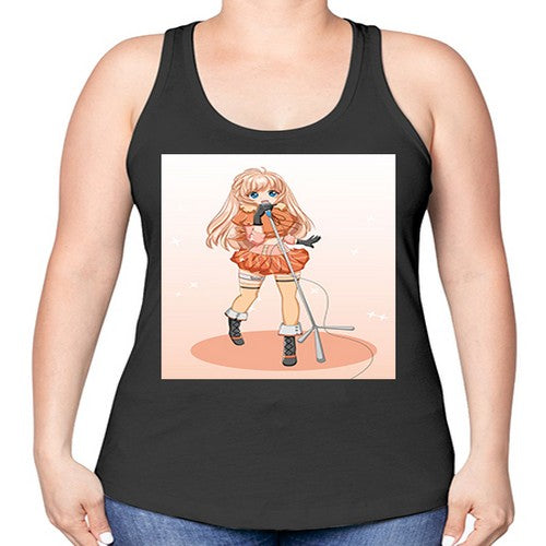 Happy and beautiful singer woman with microphone 160# - anime -Racerback Tank