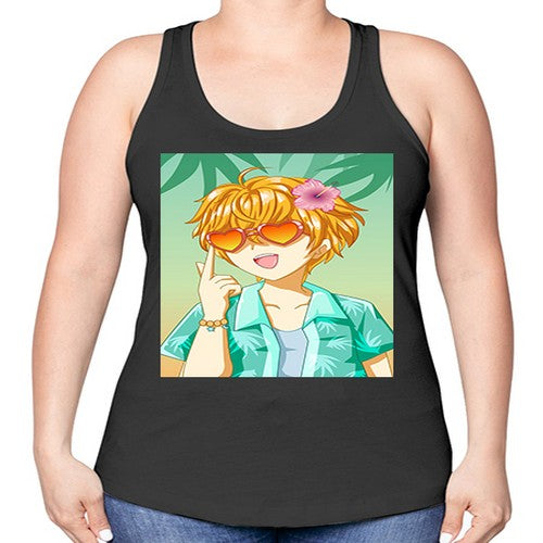 Happy and cute boy with glasses in beach in the summer 180# - anime -Racerback Tank