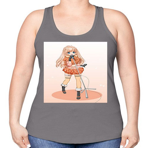 Happy and beautiful singer woman with microphone 160# - anime -Racerback Tank
