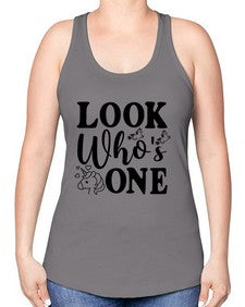 look whos one 262# - unicorn -Racerback Tank