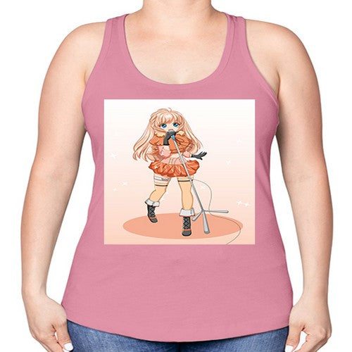 Happy and beautiful singer woman with microphone 160# - anime -Racerback Tank