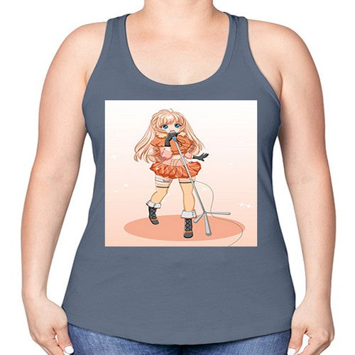 Happy and beautiful singer woman with microphone 160# - anime -Racerback Tank