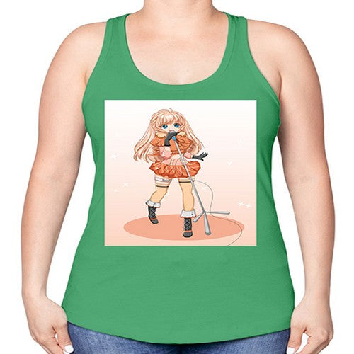 Happy and beautiful singer woman with microphone 160# - anime -Racerback Tank