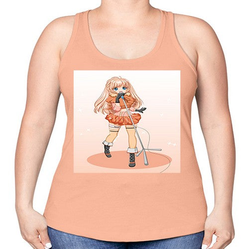 Happy and beautiful singer woman with microphone 160# - anime -Racerback Tank