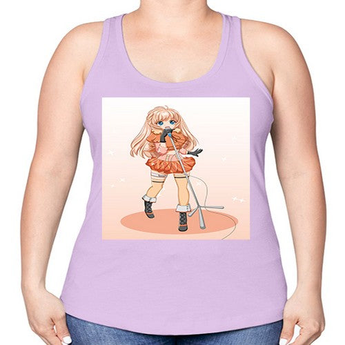 Happy and beautiful singer woman with microphone 160# - anime -Racerback Tank