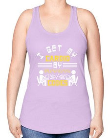 I get my cardio by running codes 41# - computer -Racerback Tank