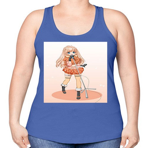 Happy and beautiful singer woman with microphone 160# - anime -Racerback Tank