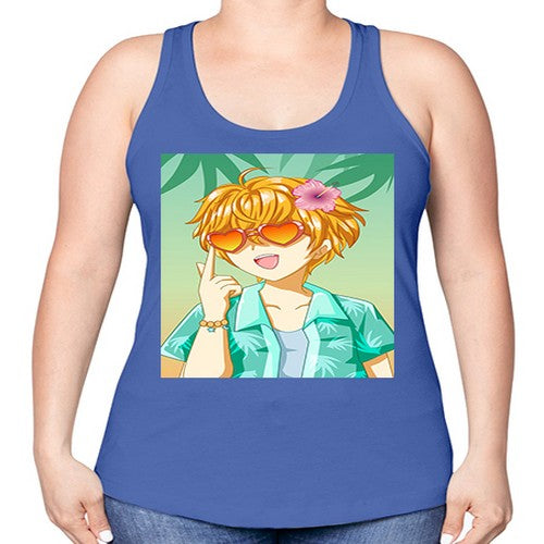 Happy and cute boy with glasses in beach in the summer 180# - anime -Racerback Tank