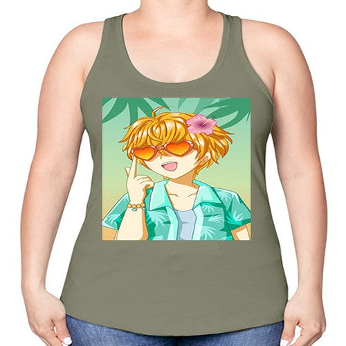 Happy and cute boy with glasses in beach in the summer 180# - anime -Racerback Tank
