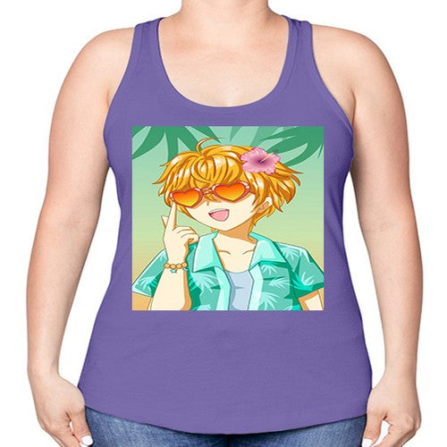 Happy and cute boy with glasses in beach in the summer 180# - anime -Racerback Tank