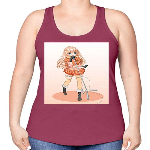 Happy and beautiful singer woman with microphone 160# - anime -Racerback Tank