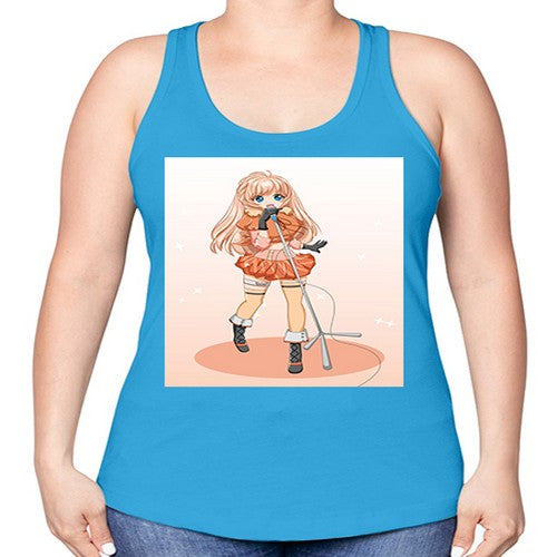 Happy and beautiful singer woman with microphone 160# - anime -Racerback Tank