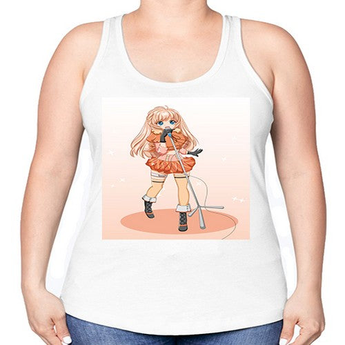 Happy and beautiful singer woman with microphone 160# - anime -Racerback Tank