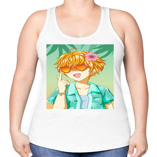 Happy and cute boy with glasses in beach in the summer 180# - anime -Racerback Tank
