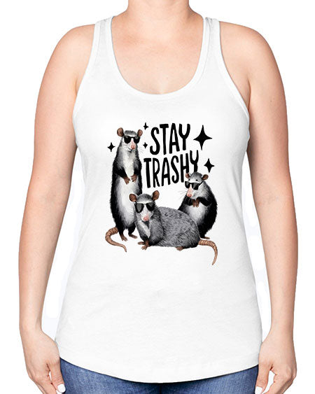 stay trashy 61# - raccoon -Racerback Tank