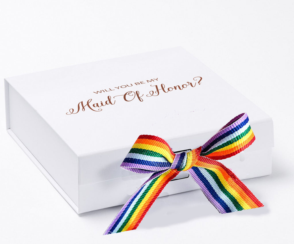 Will You Be My maid of honor? Proposal Box White - No Border - Rainbow Ribbon