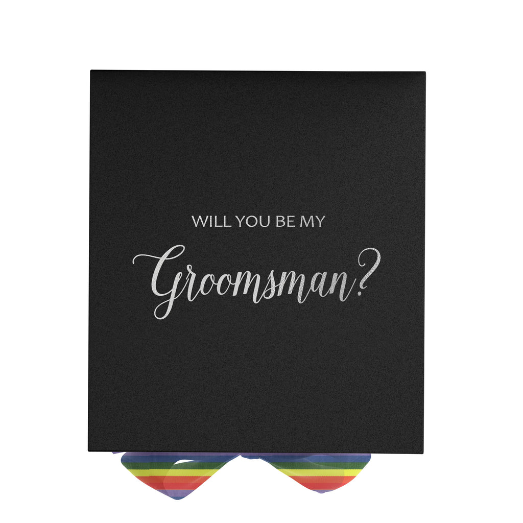 Will You Be My groomsman? Proposal Box black - No Border - Rainbow Ribbon