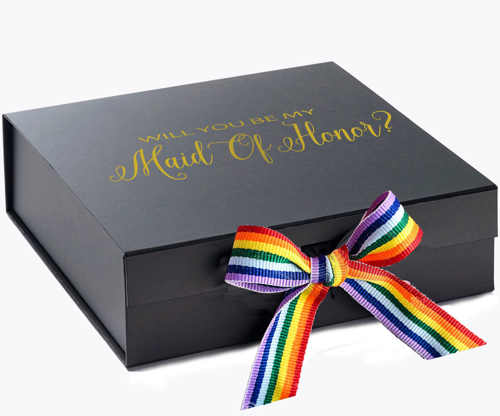 Will You Be My maid of honor? Proposal Box black - No Border - Rainbow Ribbon