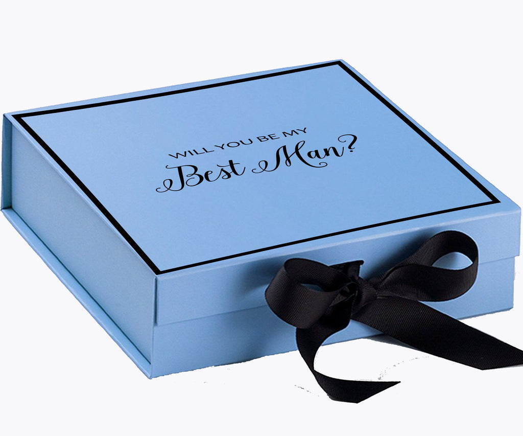 Will You Be My Best man? Proposal Box Light Blue w/ Black Bow-  Border