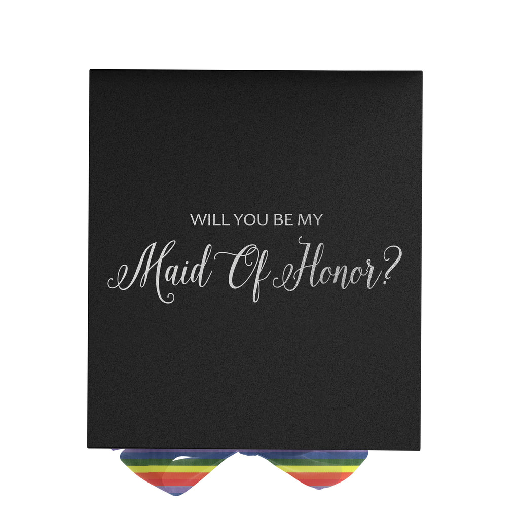 Will You Be My maid of honor? Proposal Box black - No Border - Rainbow Ribbon