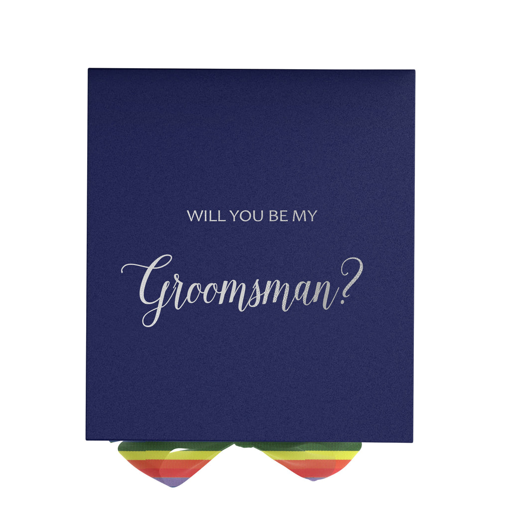 Will You Be My groomsman? Proposal Box Navy - No Border - Rainbow Ribbon