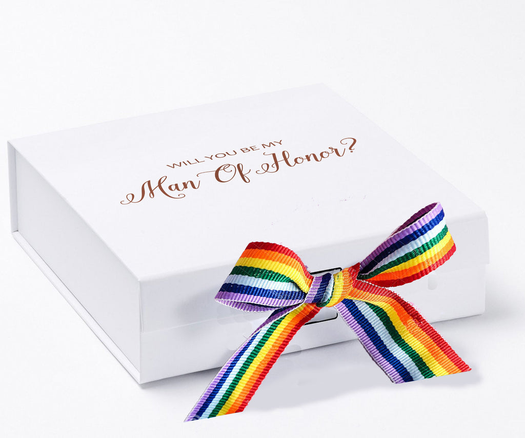 Will You Be My Man of Honor? Proposal Box White - No Border - Rainbow Ribbon