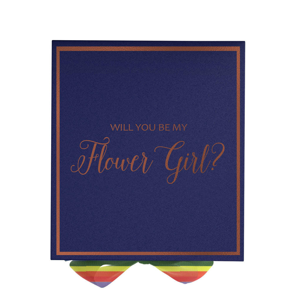 Will You Be My Flower Girl? Proposal Box Navy -  Border - Rainbow Ribbon